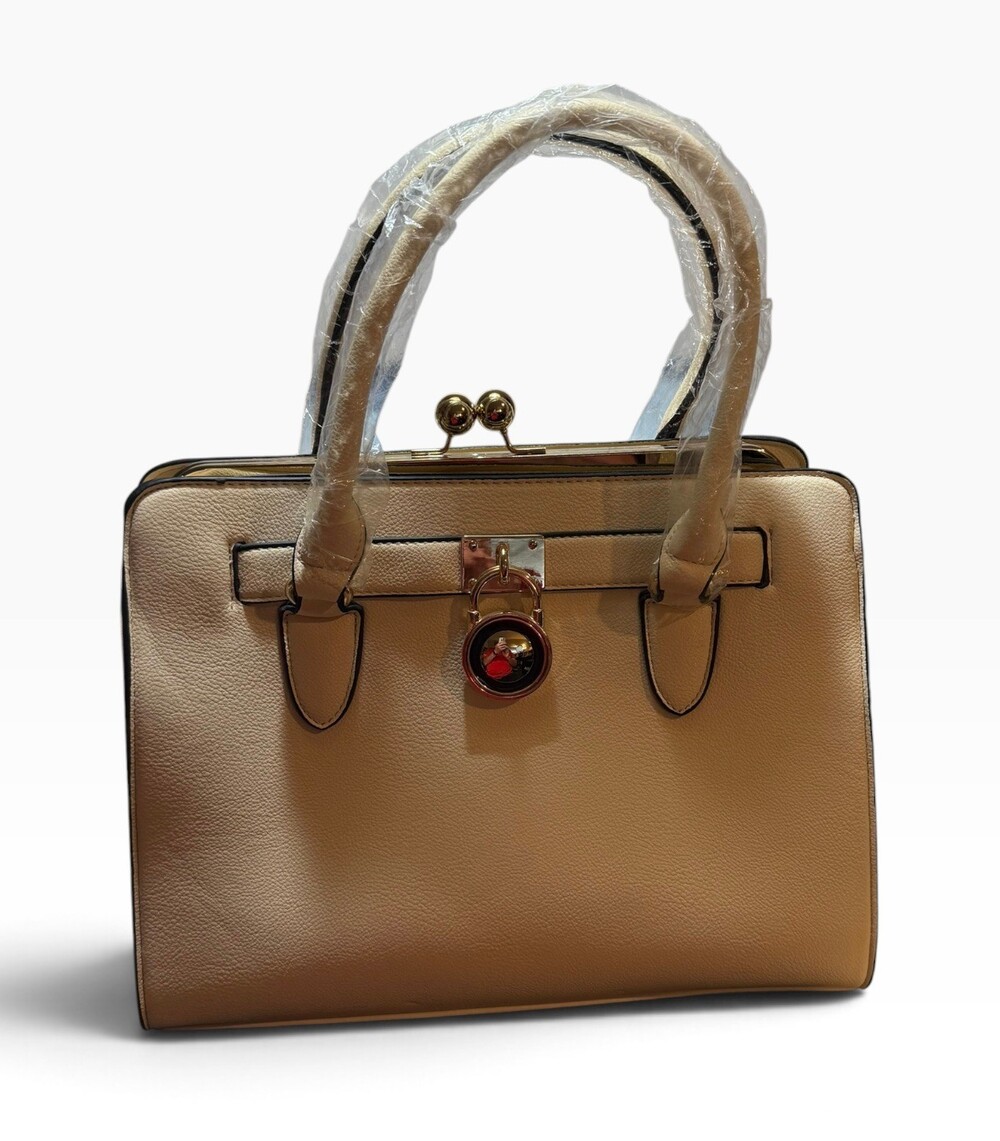 New Beige Structured Satchel Handbag Gold Hardware Top Handle Shoulder Bag